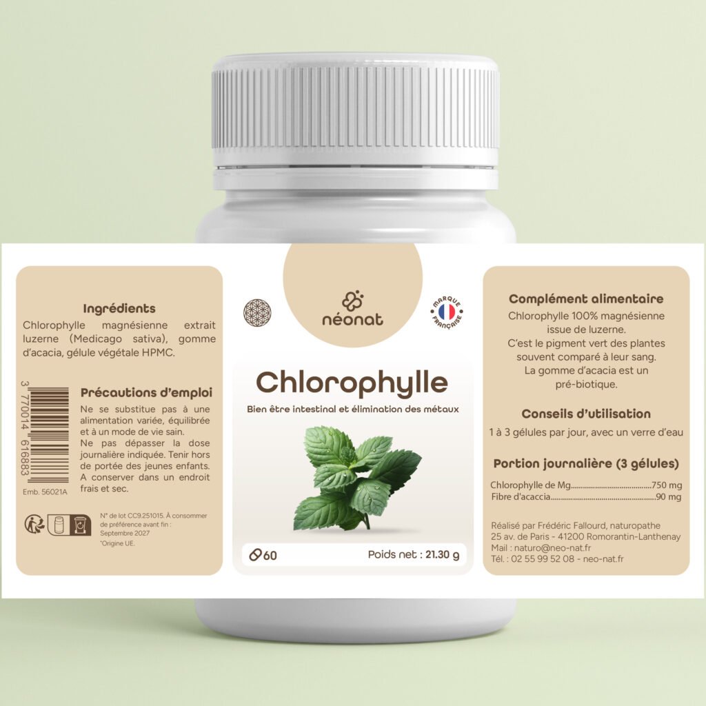 Chlorophylle-60gélules-étiquette Chlorophylle magnésienne issue de luzerne – bienfaits intestin et détox – Néonat