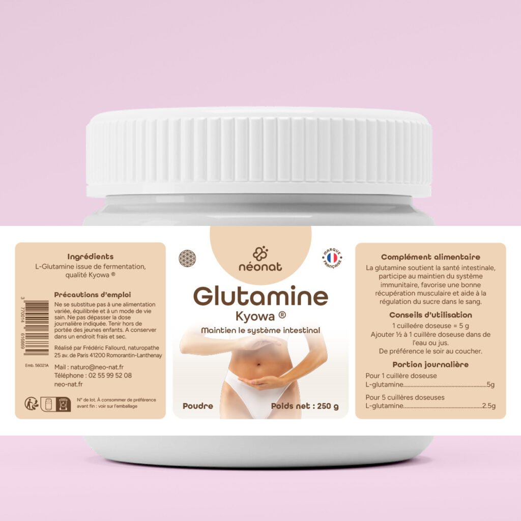 Glutamine Kyowa – Flacon avec étiquette Néonat Complément alimentaire Glutamine Kyowa – flacon avec étiquette complète – Néonat