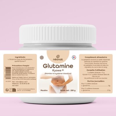 Complément alimentaire Glutamine Kyowa – flacon avec étiquette complète – Néonat