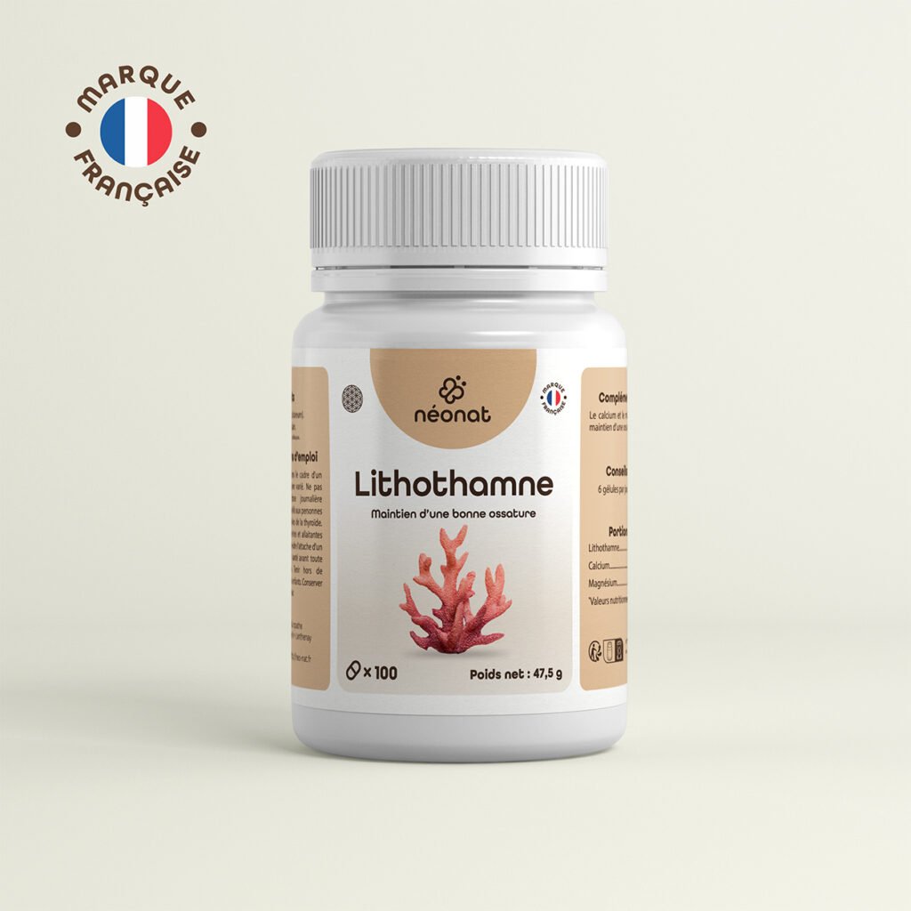 lithothamne-gélule-100 Complément lithothamne calcium magnésium – flacon vu de face – Néonat