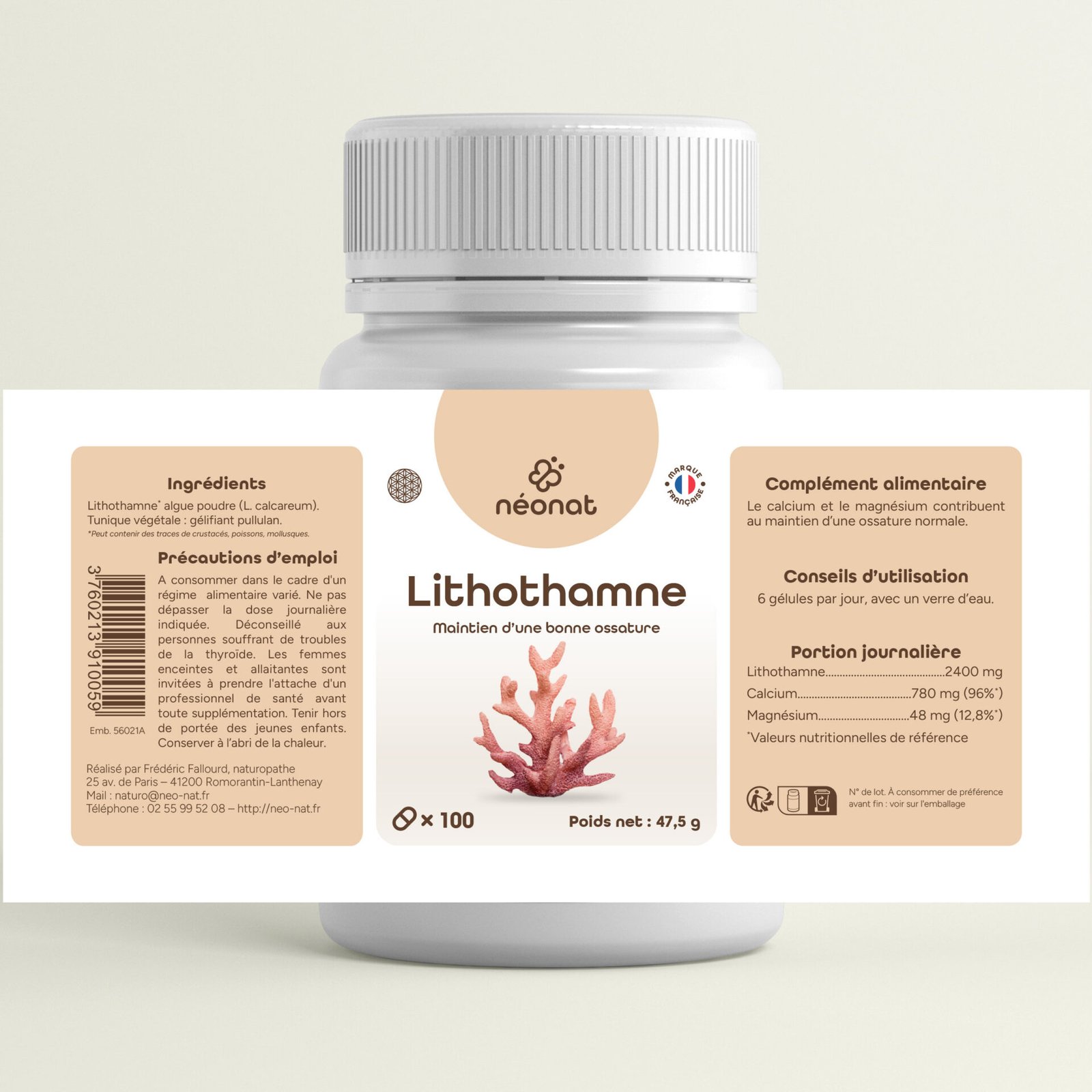 Complément lithothamne calcium magnésium – étiquette complète – Néonat