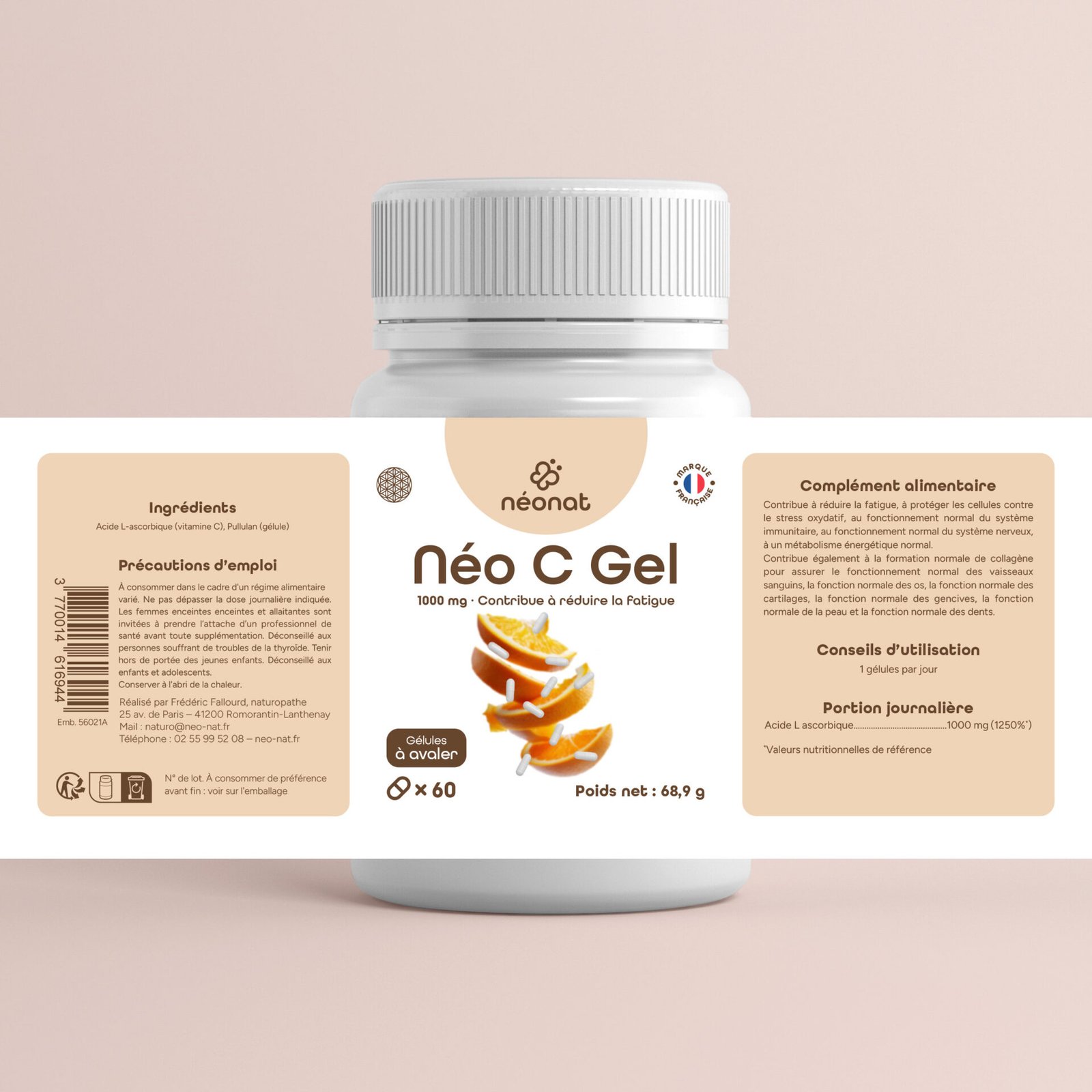 neo-c-gélule-60-étiquette Complément alimentaire Néo C Gel – flacon avec étiquette complète – Néonat