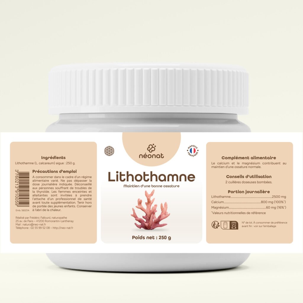 lithothamne-poudre-250g-étiquette Complément alimentaire Lithothamne – flacon avec étiquette complète – Néonat
