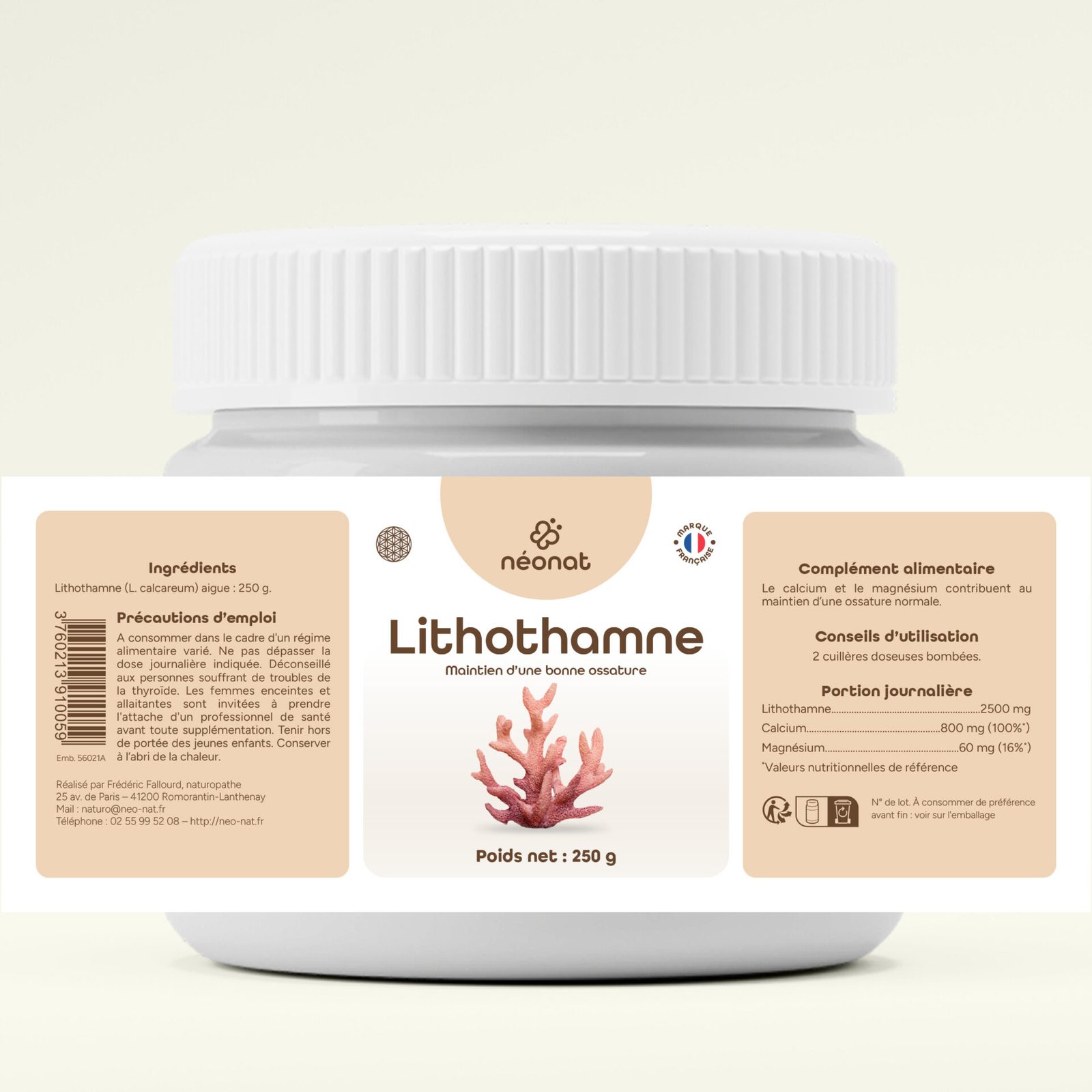lithothamne-poudre-250g-étiquette Complément alimentaire Lithothamne – flacon avec étiquette complète – Néonat