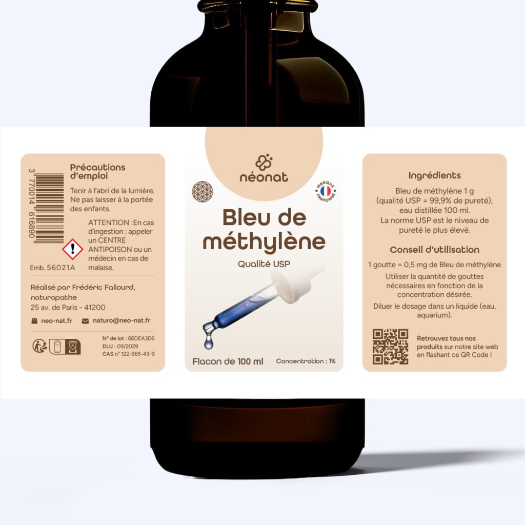 Bleu-de-methylène-gouttes-étiquette Complément alimentaire Bleu de méthylène – flacon avec étiquette complète – Néonat