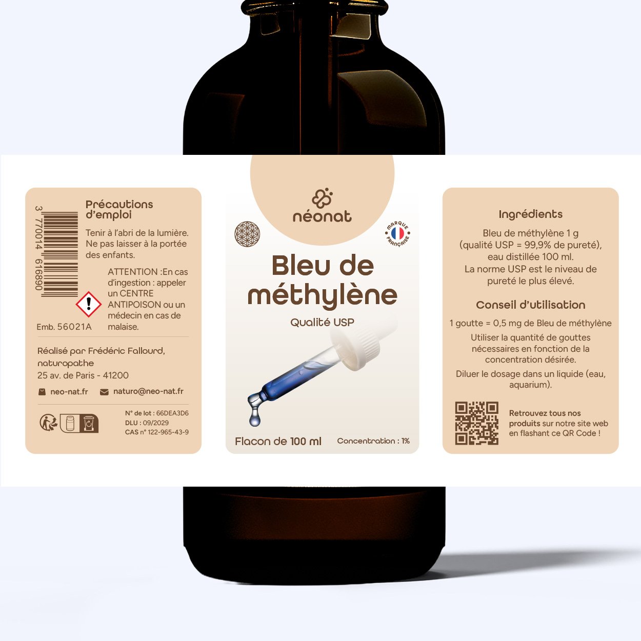 Bleu-de-methylène-gouttes-étiquette Complément alimentaire Bleu de méthylène – flacon avec étiquette complète – Néonat