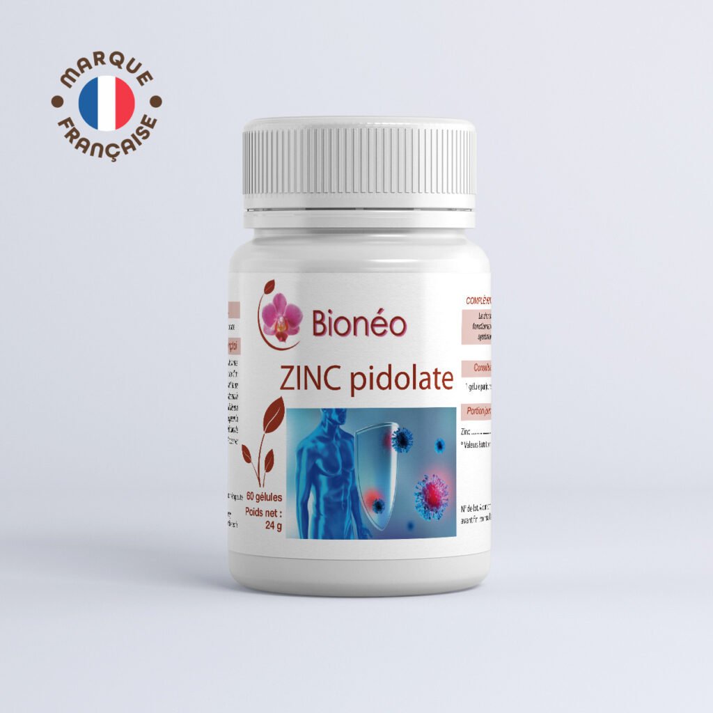 Bionéo-zinc-pidolate-gélule-60 Image principale : Complément alimentaire Zinc pidolate – flacon vu de face – Néonat