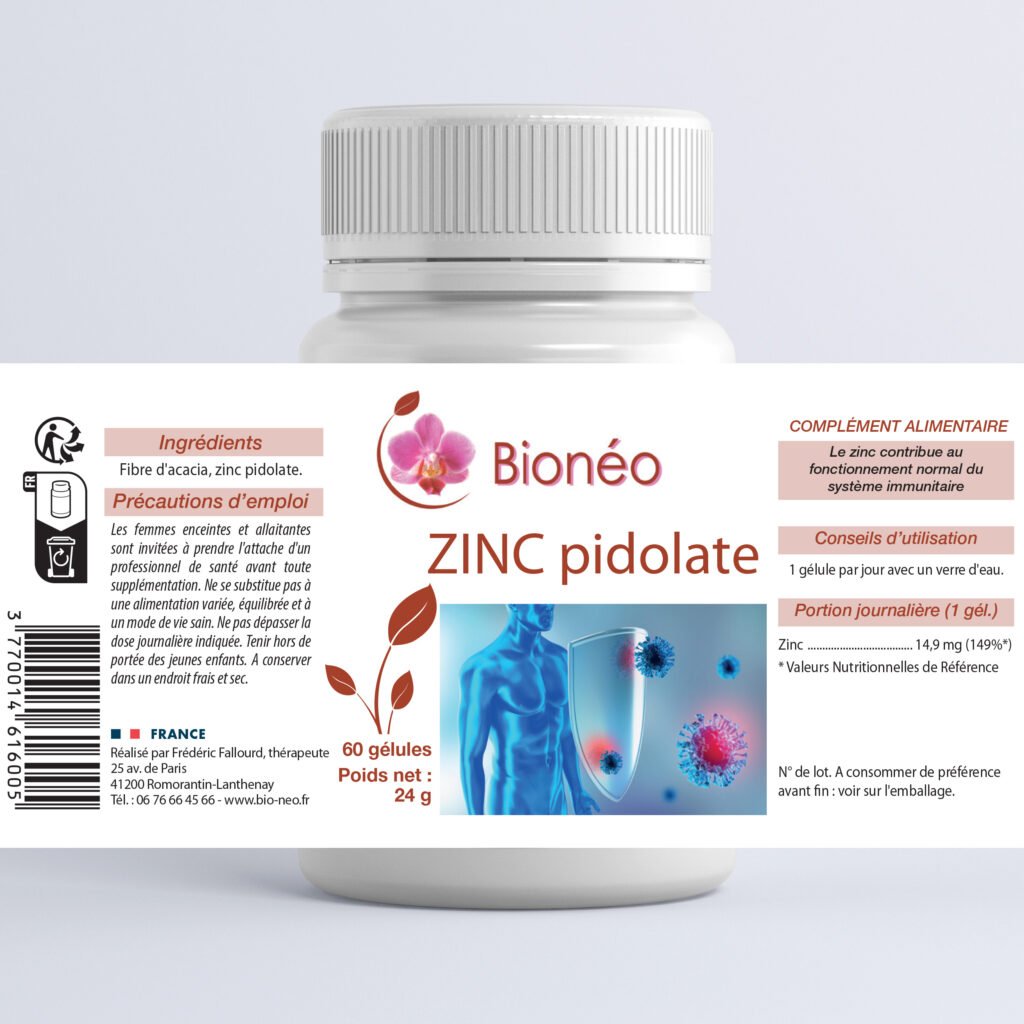 Bionéo-zinc-pidolate-gélule-60-étiquette Complément alimentaire Zinc pidolate – flacon avec étiquette complète – Néonat