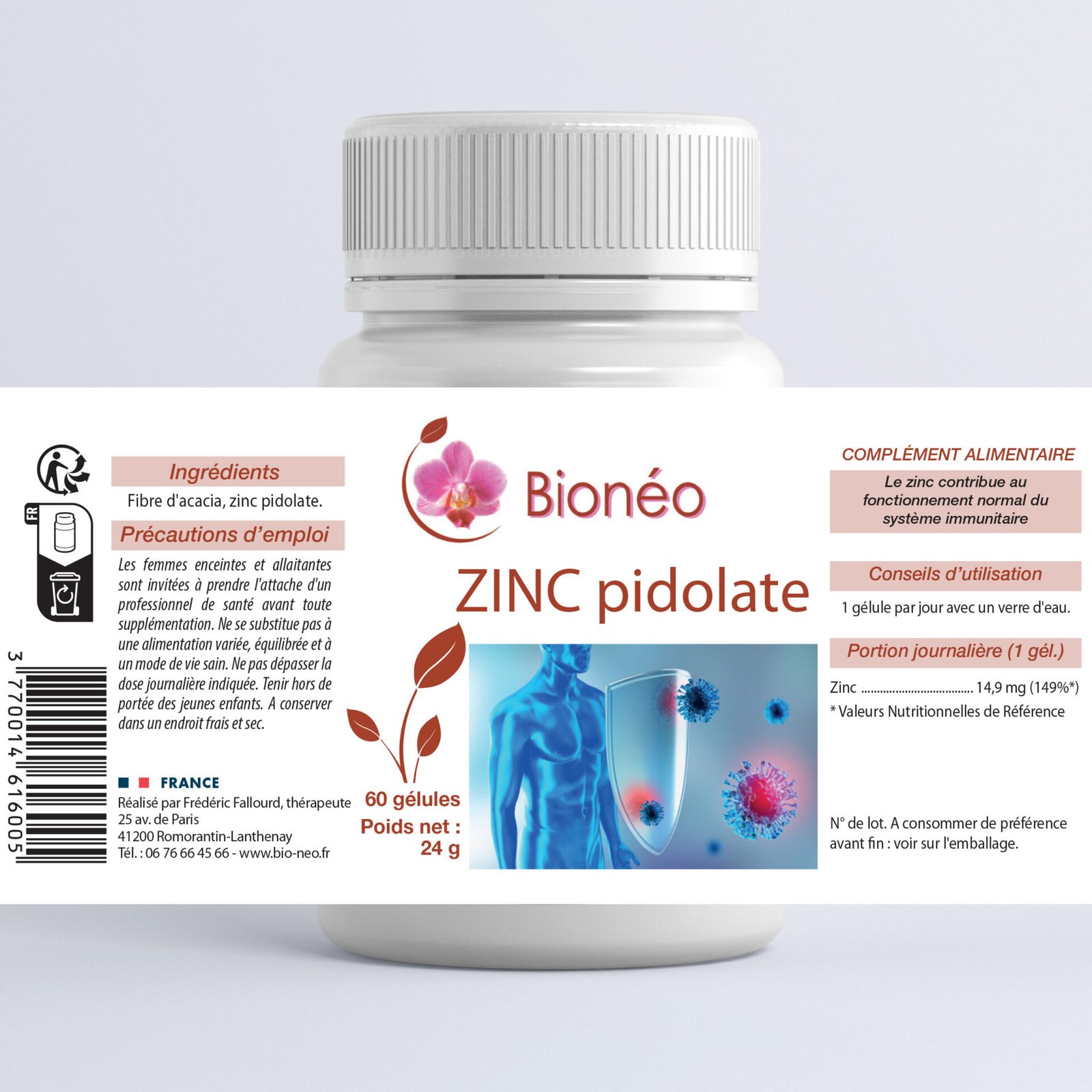 Bionéo-zinc-pidolate-gélule-60-étiquette Complément alimentaire Zinc pidolate – flacon avec étiquette complète – Néonat