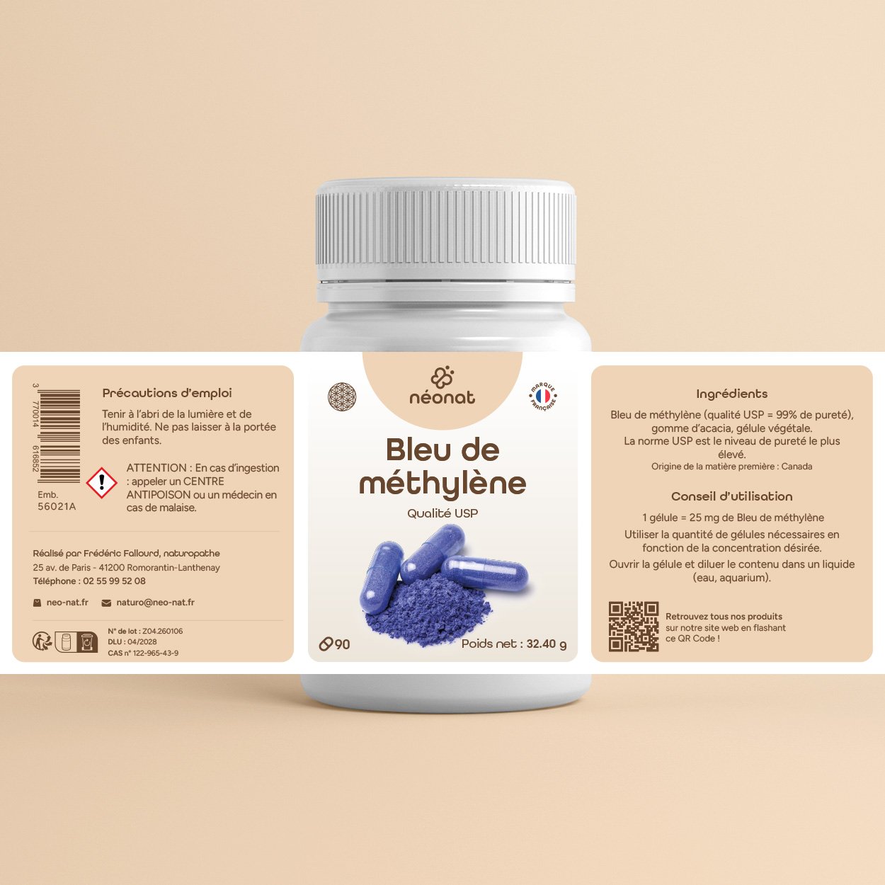 Étiquette produit bleu de méthylène USP en gélule