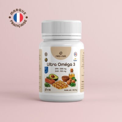Pot d'Ultra Oméga 3 néo-nat de 90 capsules, EPA 1200 mg et DHA 900 mg, marque française