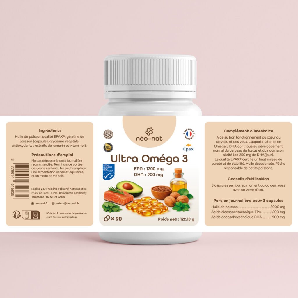 Étiquette Ultra Oméga 3 néo-nat, face complète Étiquette Ultra Oméga 3 néo-nat avec ingrédients, conseils d'utilisation et portion journalière EPA DHA
