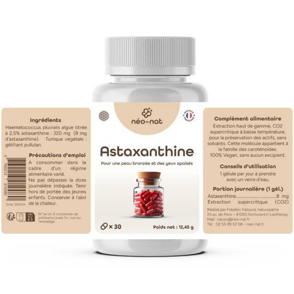 Étiquette Astaxanthine naturelle 8 mg Néo-Nat : composition et conseils d’utilisation