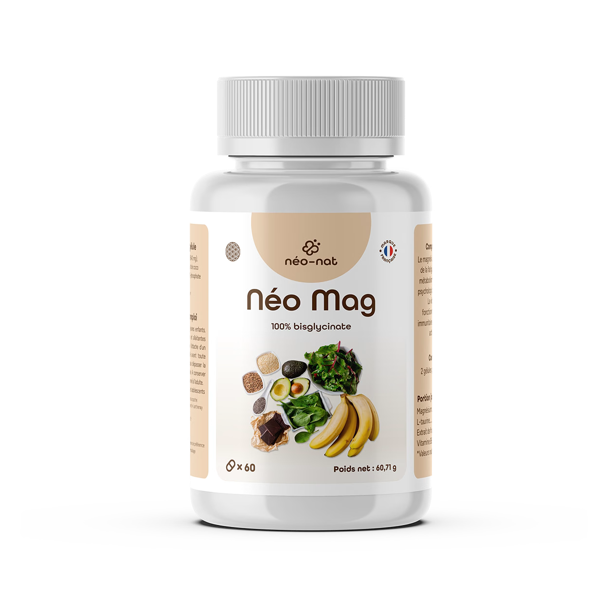 Flacon de magnésium bisglycinate, vitamine B6 et taurine Néo-Nat