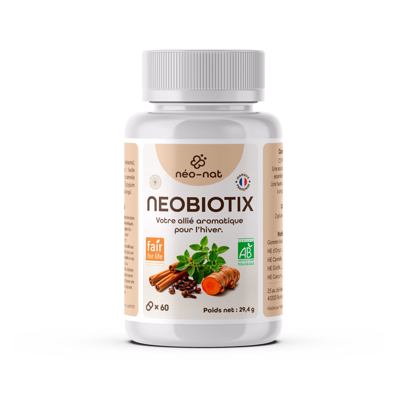 Pilulier Neobiotix Néo-Nat, complexe de quatre huiles essentielles bio en gélules gastro-résistantes