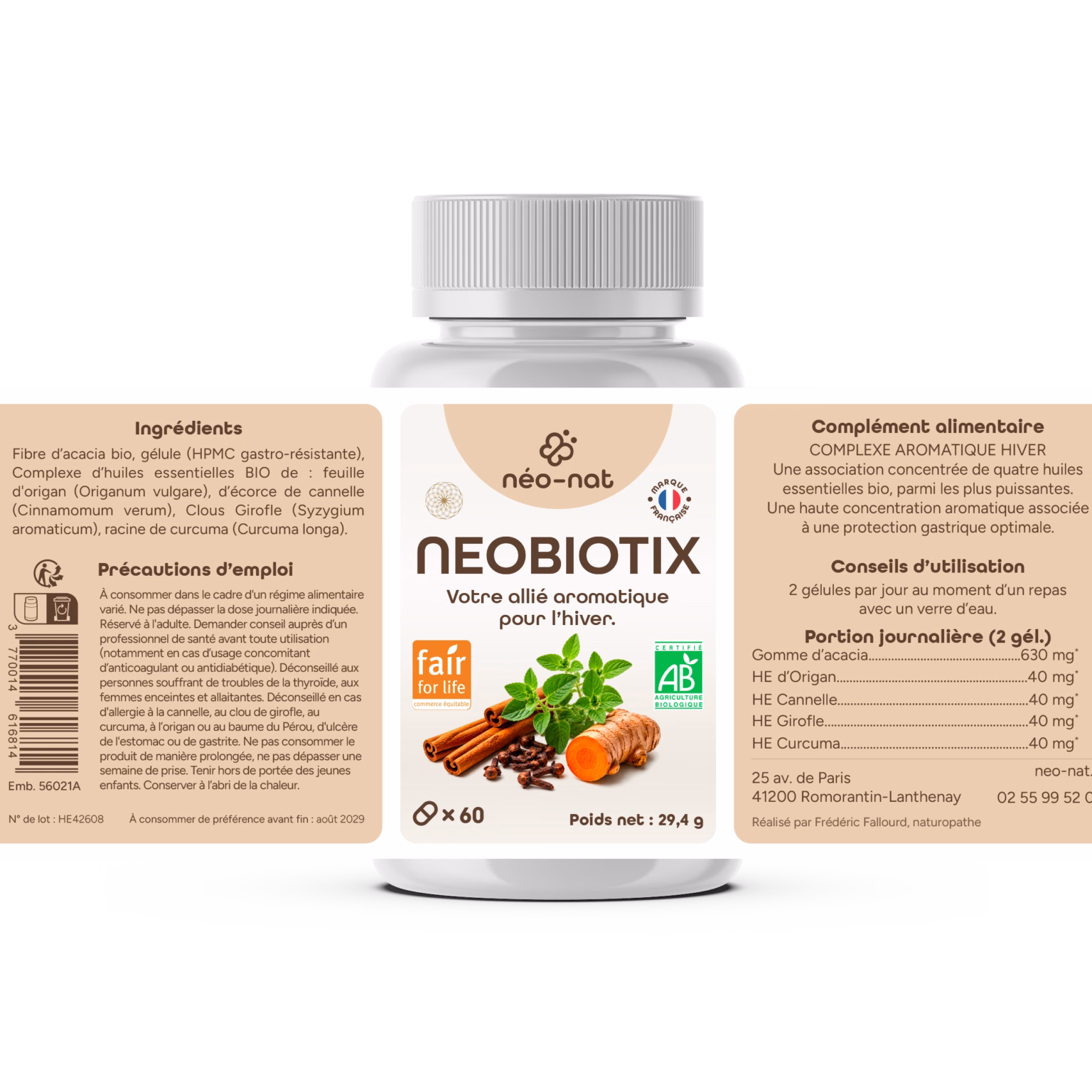 Étiquette Neobiotix détaillant les quatre huiles essentielles bio et leur dosage de 20 mg par gélule