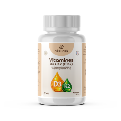 Flacon de vitamine D3 K2 (MK-7) Néo-Nat, 2000 UI de D3 et 75 µg de K2 par gélule